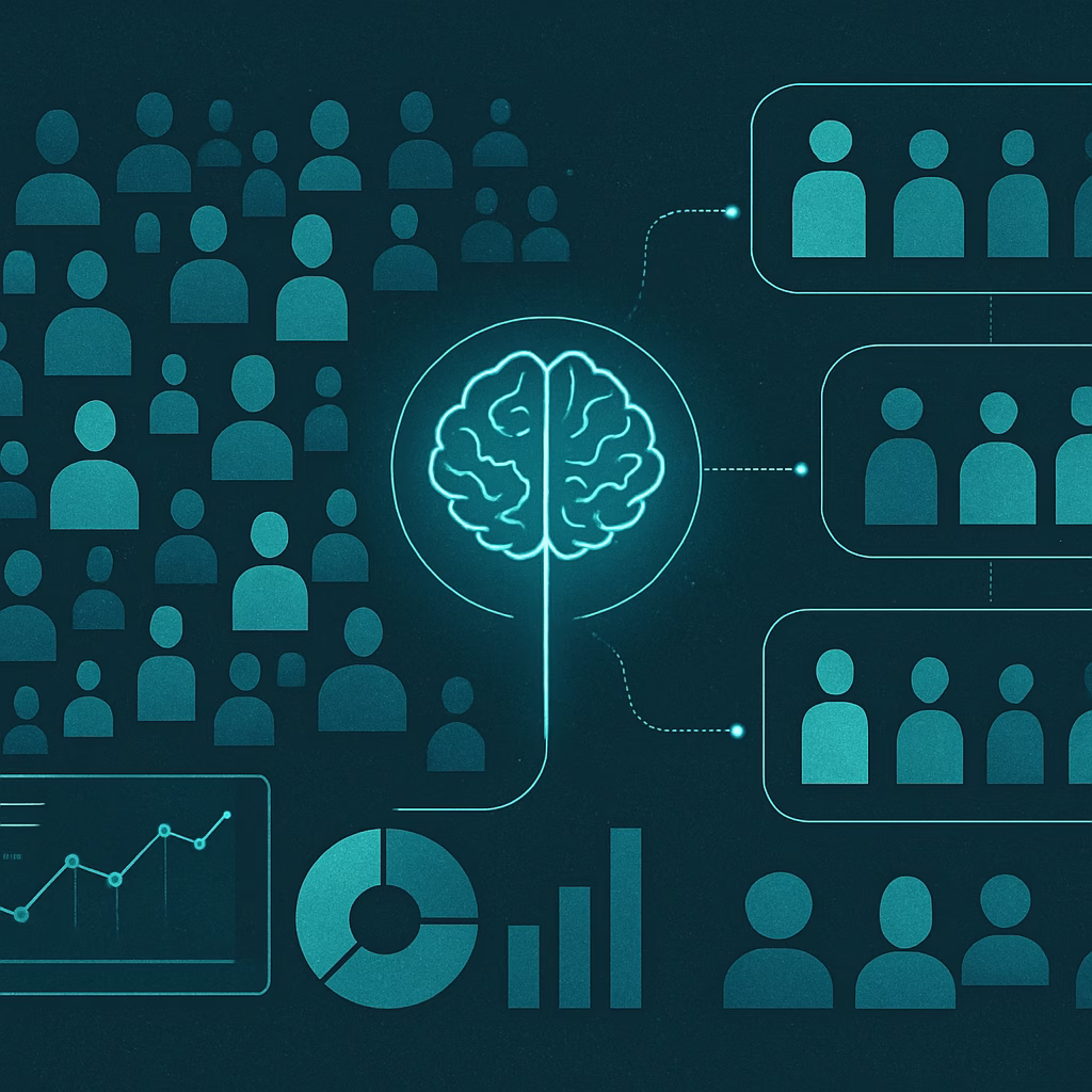 A visual representation of customer segmentation, showing a diverse group of abstract figures or data points being intelligently divided into distinct, tailored groups by an AI brain icon. The image includes elements of data analysis, precision, and personalization, all within a teal and cyan color scheme.