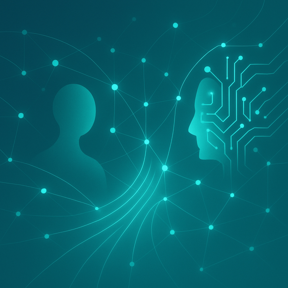 A visual representation of human-AI collaboration, showing two abstract figures (one human-like, one AI-like) interacting or merging, with elements symbolizing communication, data flow, and empathy. The image should convey balance, synergy, and a positive partnership.