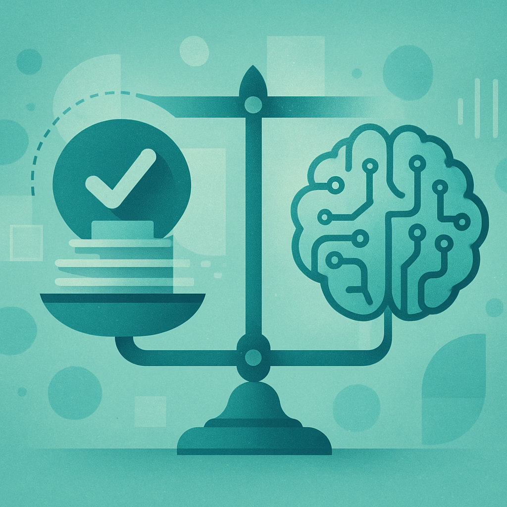 A visual representation of ethical AI, showing a balanced scale with abstract elements representing fairness and transparency on one side, and a stylized AI brain or circuit pattern on the other, all within a teal and cyan color scheme. The image conveys the concept of responsible AI development and deployment.