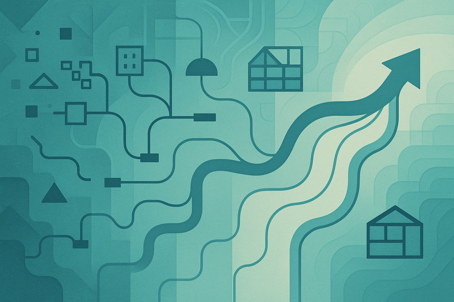 An abstract visualization showing the journey from fragmented AI implementation challenges to successful integration, featuring interconnected pathways with some blocked by barriers while others flow smoothly toward unified systems.