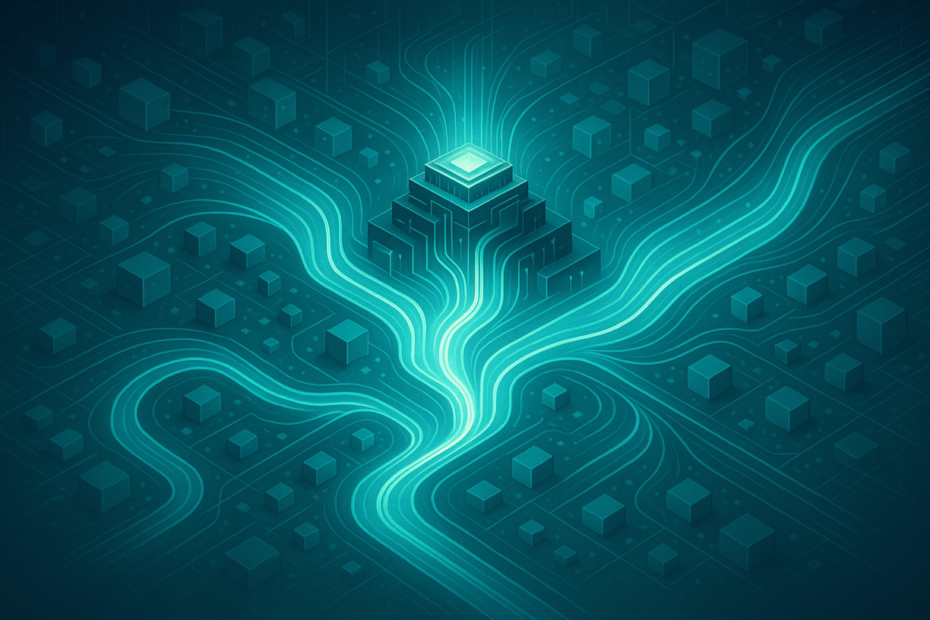 An abstract visualization showing enterprise AI scaling with a central multi-tiered command structure surrounded by flowing pathways that branch into complex networks, connecting geometric organizational units, all rendered in teal and cyan colors representing systematic AI transformation across large organizations.