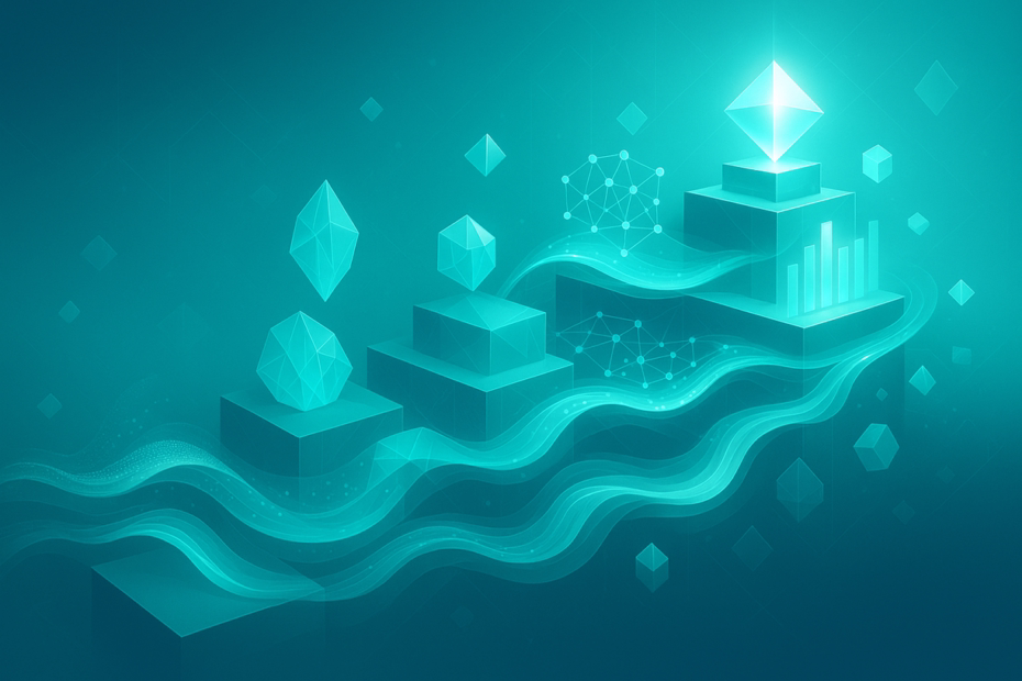 An abstract visualization showing AI customer experience optimization with a central multi-layered geometric optimization hub surrounded by seven flowing pathways that branch into complex networks, connecting various customer touchpoint elements, all rendered in teal and cyan colors representing systematic AI optimization strategies.